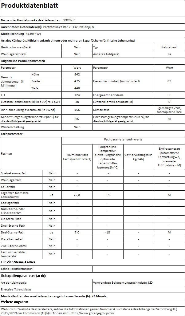 Gorenje RB 39 FPW4 Kühl-Gefrierkombination 82 Liter, 75 Liter Kühlteil, 7 Liter Gefrierteil, Gemüsefach, 156 kWh/a, weiß