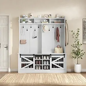 DWVO 59" Wide Hall Tree with 16 Shoe Cubbies & 12 Coat Hooks, Entryway Bench with Coat Rack and Storage Cabinet for Hallway, Living Room (White)