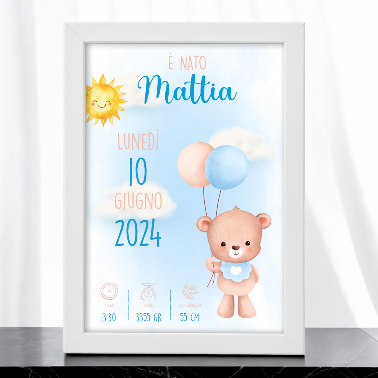 Quadretto Nascita Personalizzato Orsetto Azzurro con Palloncini- Cornice Personalizzata con i dati del tuo bimbo/a - Idea Regalo Nascita