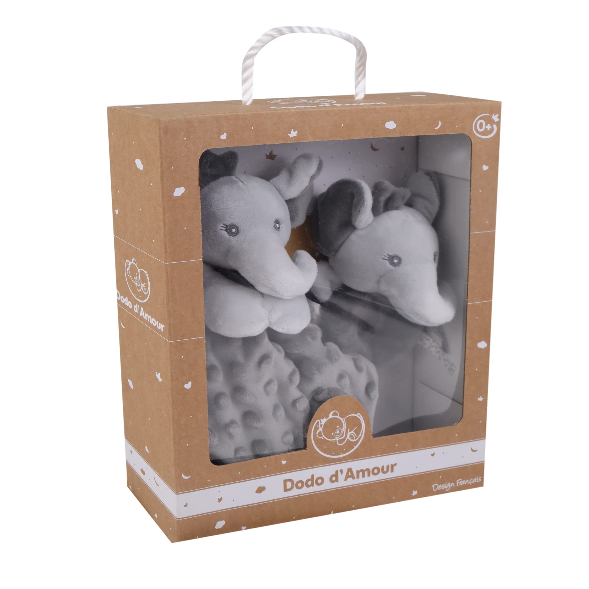 Dodo d'AMOUR - Set de Peluche Cuadrada y Sonajero - Elefante - 012191 - Gris - Acolchado - Nacimiento - Peluche - Bebé - Reconfortante - Suave - Lavable - 29 cm x 22 cm - A Partir de 0 Meses.