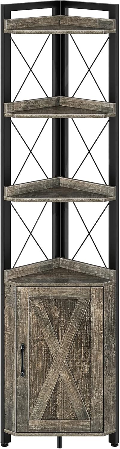 Rolanstar Corner Shelf 5-Tier with Storage, Corner Bookshelf Stand Storage Rack Plant Stand for Living Room, Home Office, Kitchen, Small Space, Grey 12.5"D x 18.9"W x 70.9"H