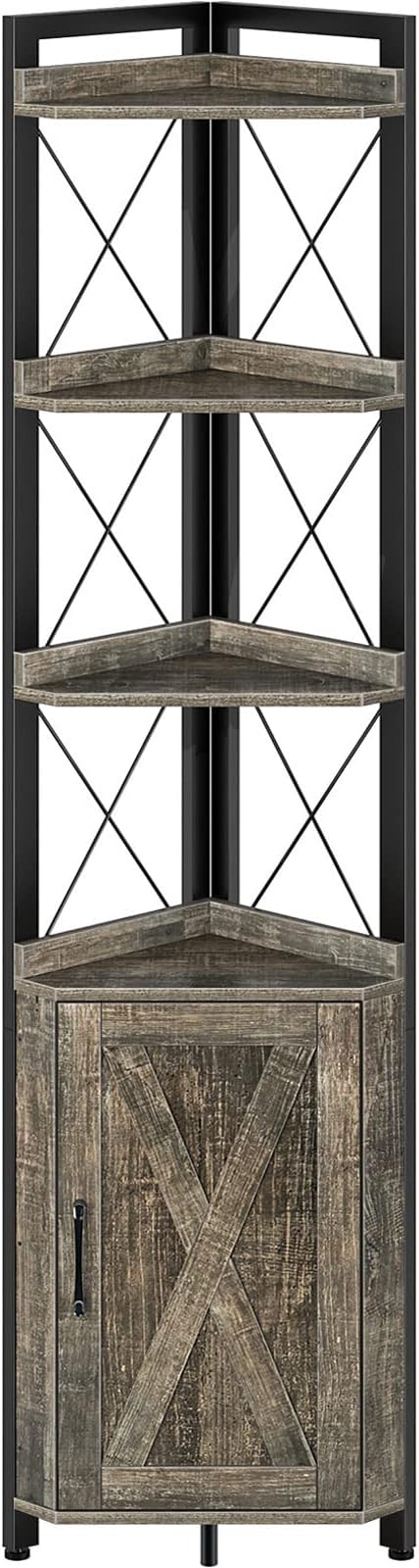 Rolanstar Corner Shelf with Doors, 6 Tier Bookshelf, Freestanding Storage Stand for Bathroom, Kitchen, Living Room, Grey