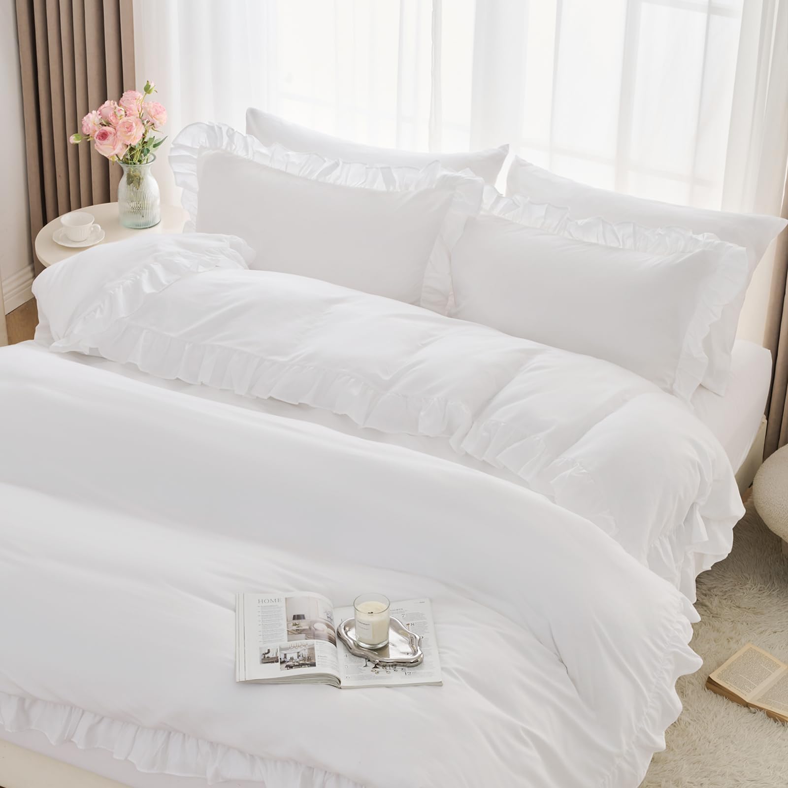 Photo 1 of **FACTORY SEALED** Horbaunal 5 Pcs White Ruffle Duvet Cover King Size Soft Microfiber Shabby Chic Ruffled Duvet Cover Set, Vintage French Country Ruffle Bedding Set with Zipper Closure & Corner Ties, 90" x 104"