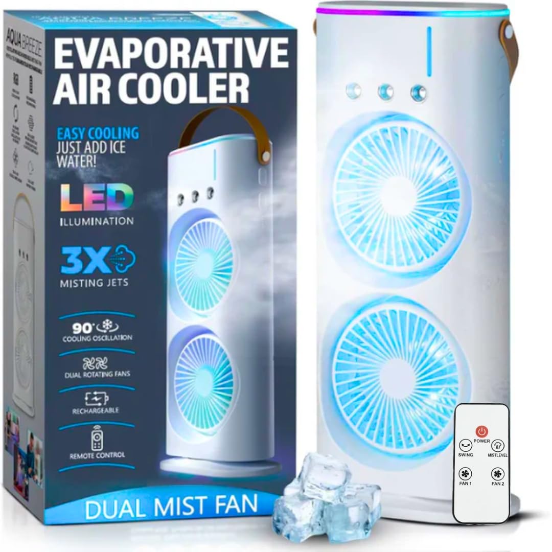 Drumstone 𝗦𝗽𝗲𝗰𝗶𝗮𝗹 𝟓 𝗬𝗲𝗮𝗿 𝗪𝗮𝗿𝗿𝗮𝗻𝘁𝘆 Portable Dual Spray Mist Fan | Rechargeable USB Desk Air Cooler with LED Light, Remote Control, Ice Cooling & Water Tank – Mini Personal Cooler-image-30
