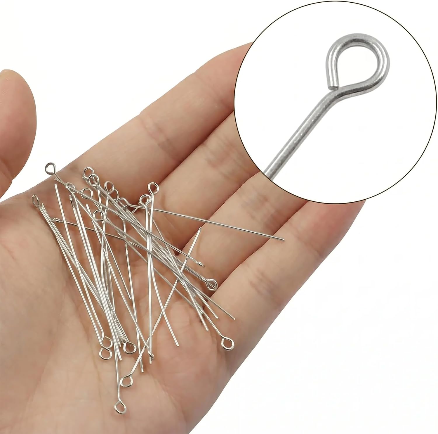 200 Pcs Eye Pins for Jewelry Making, Smooth Stainless Steel Bead Wire, Beading Wire Head Pins with Polished Loop for Earrings, Necklace, Bracelet (Silver)