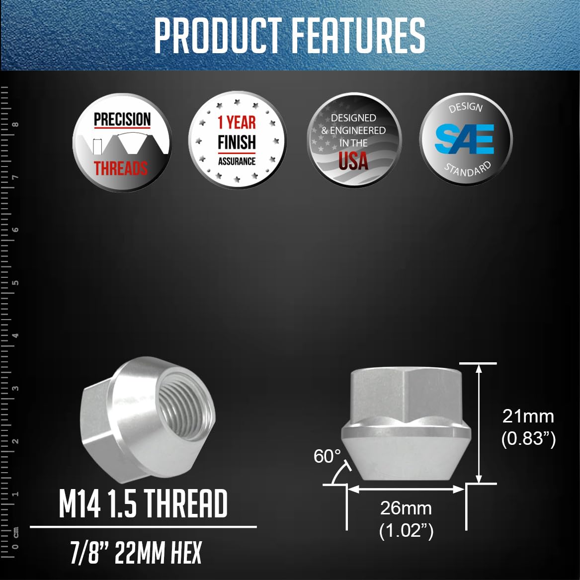 Wheel Accessories Parts 20 Pcs M14x1.5 14x1.5 Thread 0.8" Long Open End Bulge Acorn Lug Nuts Zinc 7/8" 22mm Hex Fits Jeep Wrangler Gladiator ｜ Ram 1500 1500 Classic