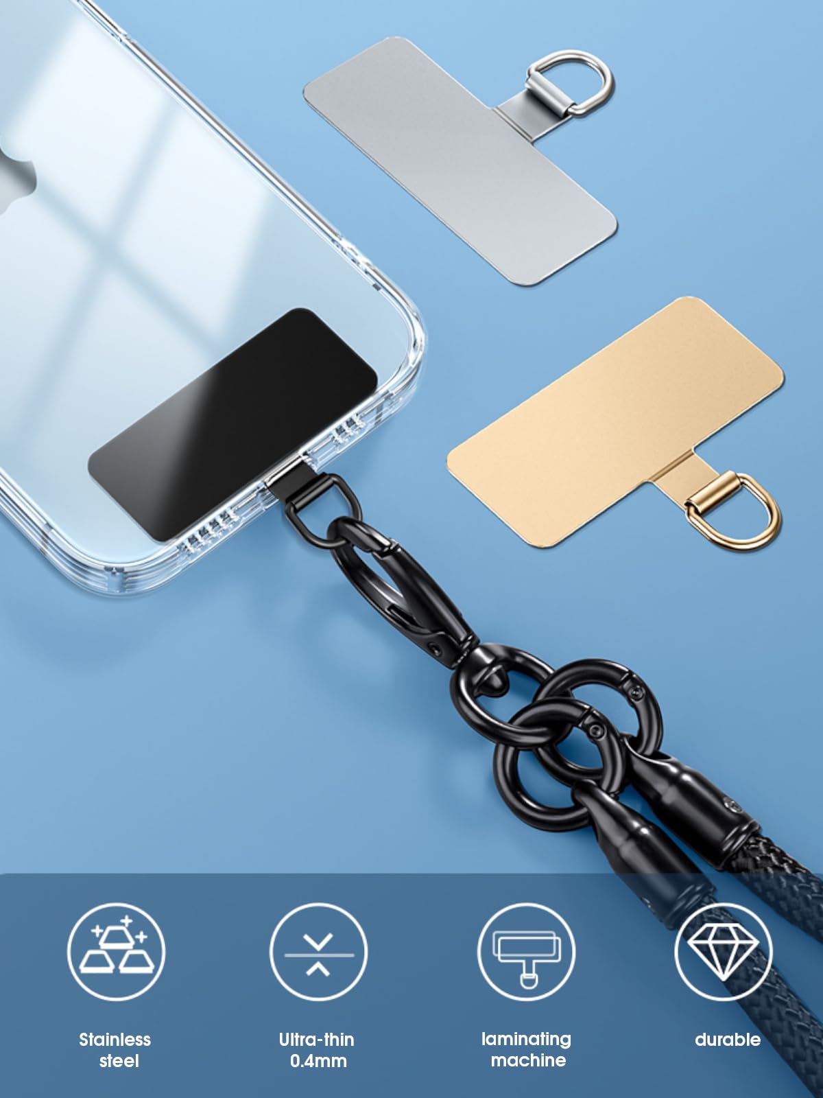 Lammcou Patch pour Lanière Téléphone, Pads en Acier Inoxydable pour Coque de Smartphone, Support Universel pour Housse & Bracelet Main Libre, Phone Tether Tab - 4