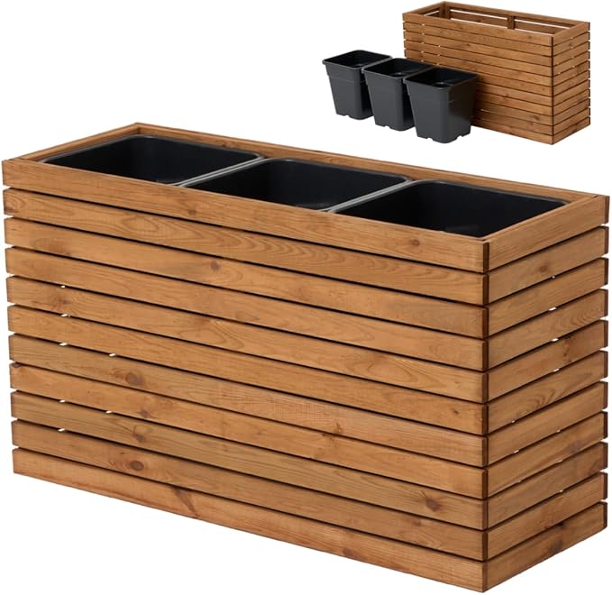 Jardinera de madera para jardín, balcón, terraza, bancal alto, maceta XXL, para exterior, con inserto de plástico de 18 L, para exteriores, color marrón (98 x 36 x 55)