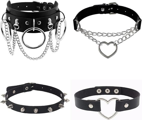 Dumcondy 4Pcs Halloween Cool Steampunk Love Heart Shaped Gothic Goth Punk Rock Rivet Spike Studded PU Leather Choker Collar Necklace Sets for Women Lady Girl Adjustable Cosplay Jewelry Night Club Part