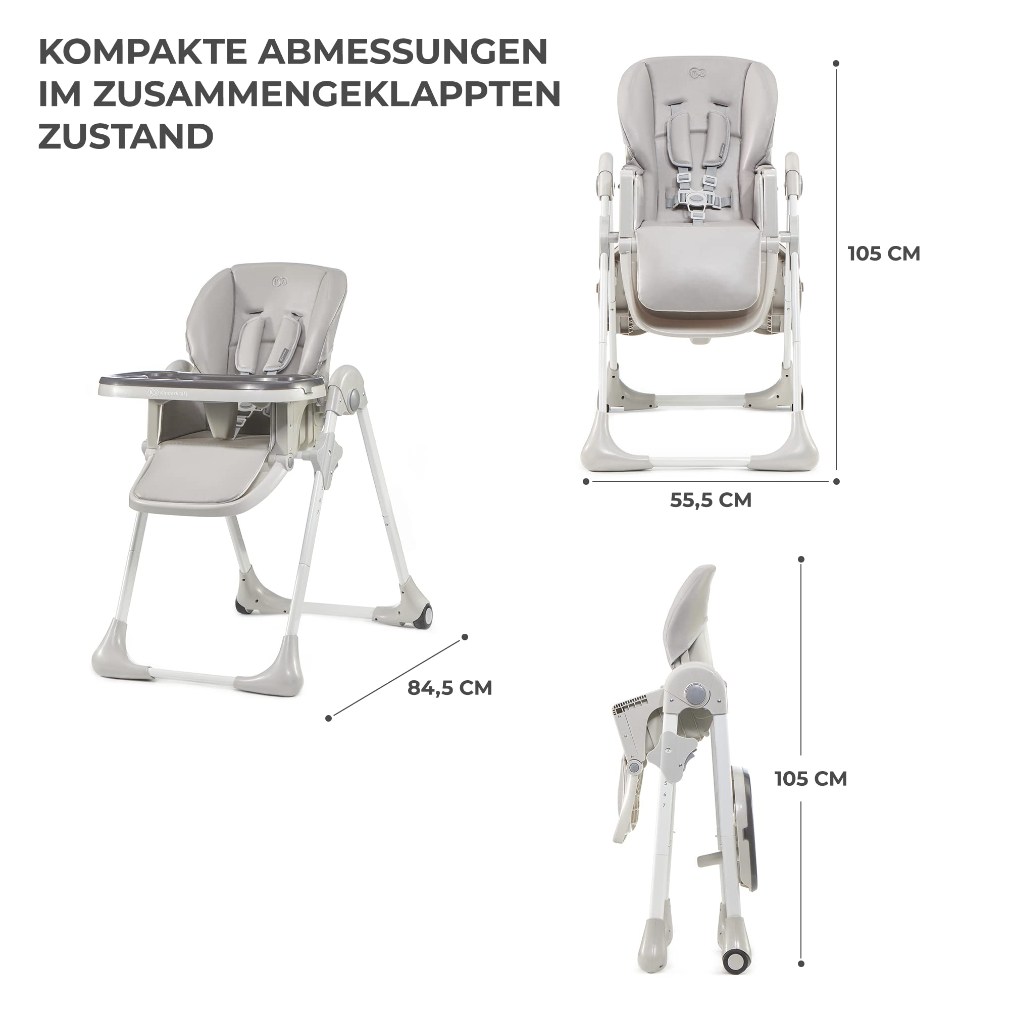 Kinderkraft YUMMY Hochstuhl, Kombihochstuhl, Babystuhl, PU-Bezug, Grau