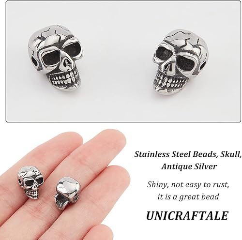 Miniatura 4 de PH PandaHall 10 cuentas de calavera de 0.059 pulgadas de acero inoxidable europeo espaciador cuentas de calavera de plata antigua para collar,