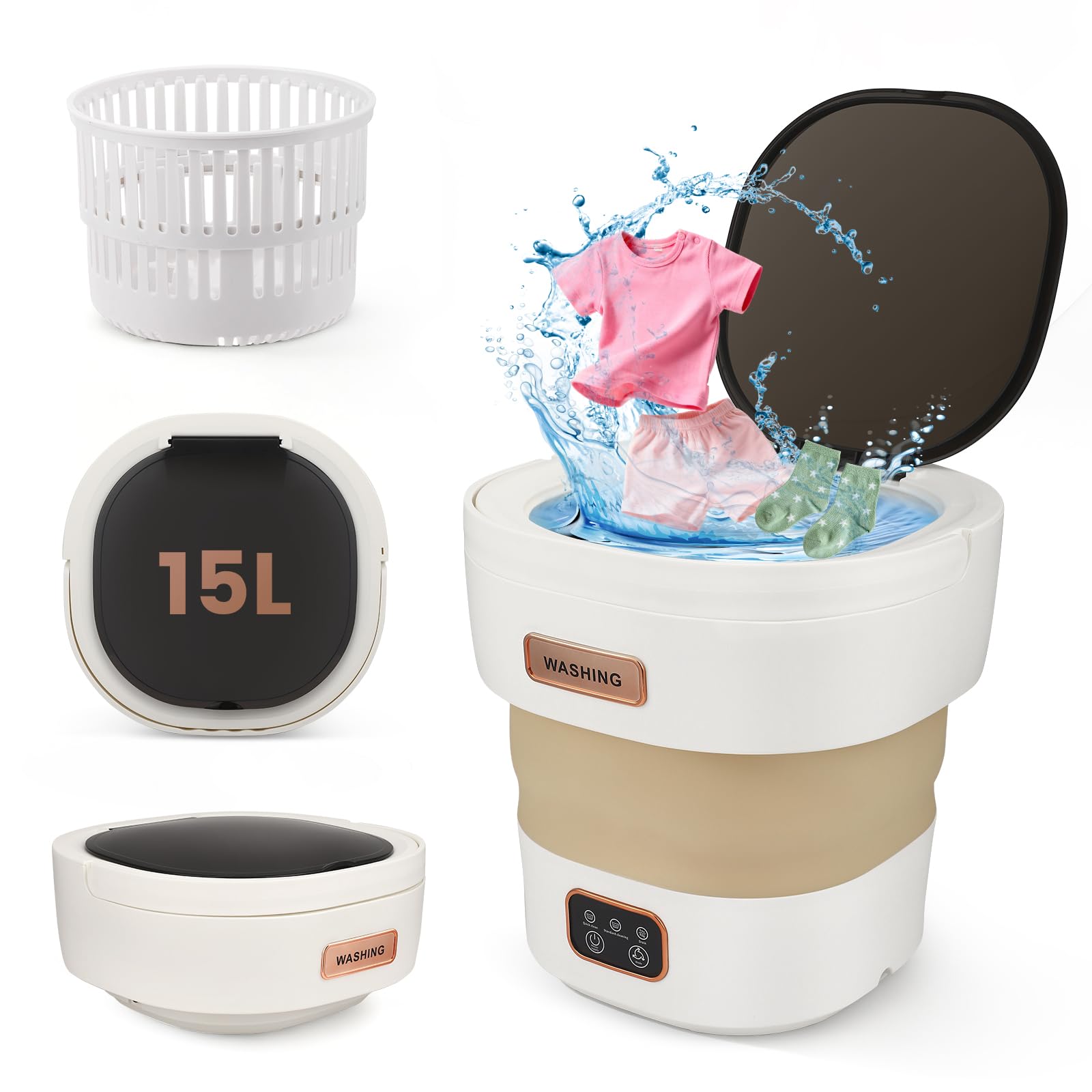 Machine à laver compacte pliable 15 l avec 3 modes de nettoyage et fonction d'essorage, économie d'eau et d'énergie, idéale pour appartements, vêtements de bébé, intérieur et animaux domestiques