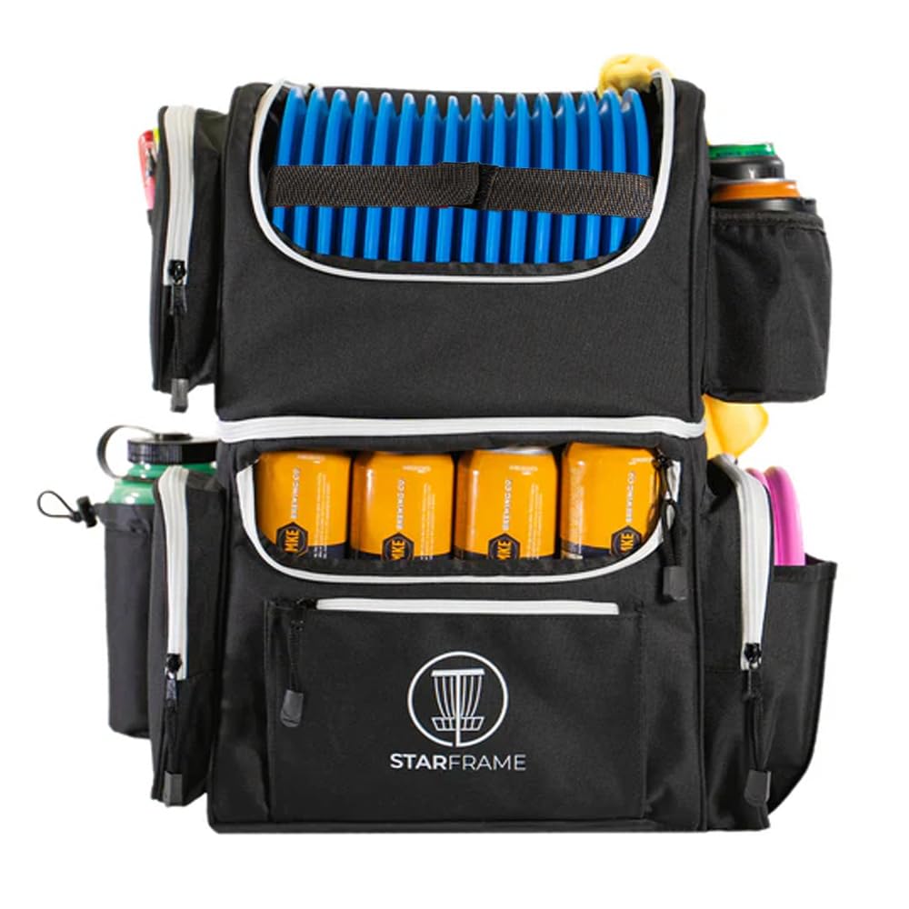 STAR FRAME Brick 3.0 Disc Golf Bag With Cooler | Large Insulated Built-in Cooler with 24-Can Capacity | 16-Disc Frisbee Golf Backpack | Light Durable Black Disc Golf Bag | Huge Storage &amp; Putter Pocket