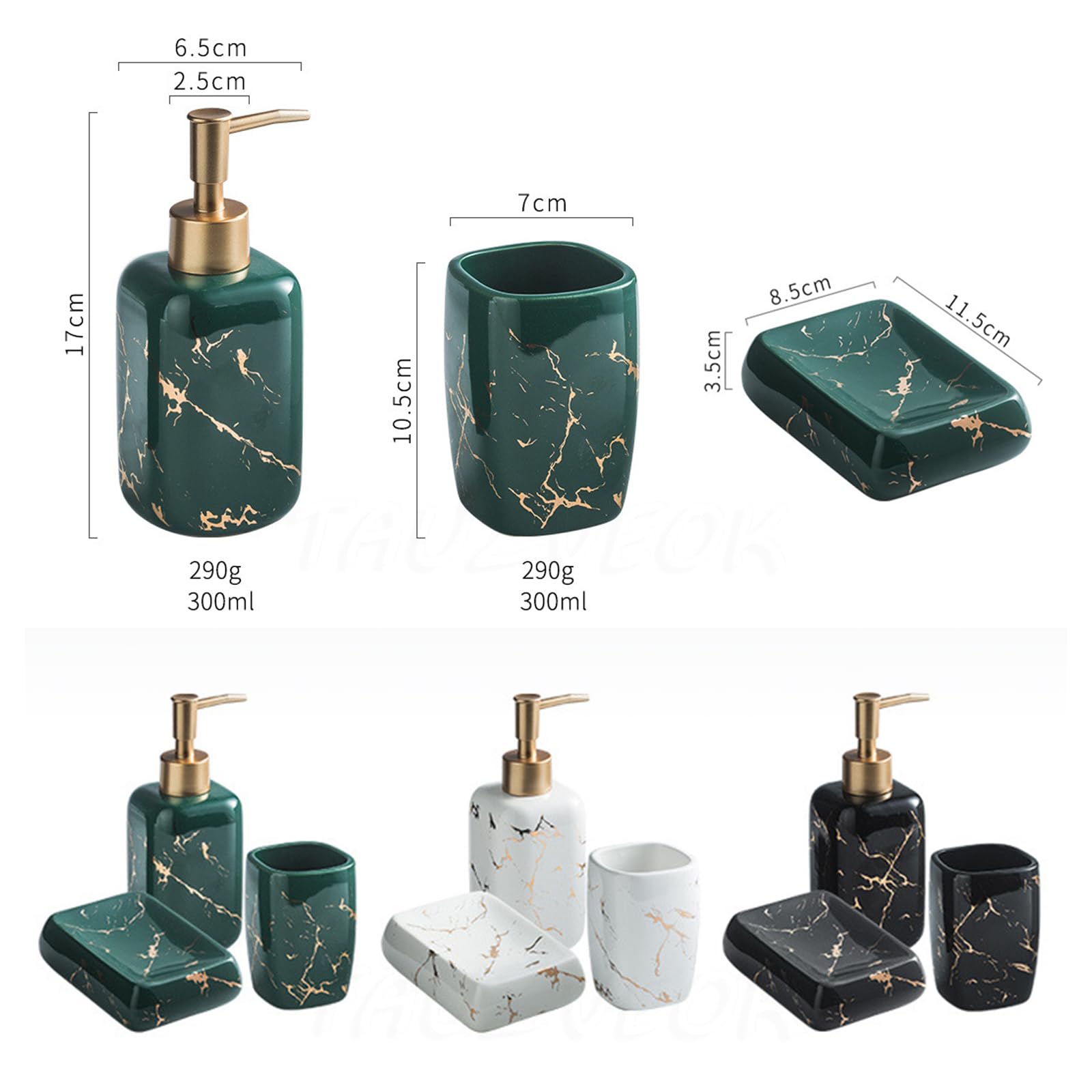 Juego Taza Cepillo Dientes dispensador jabón, Accesorios baño de 5 Piezas, cerámica Blanca, Soporte para Cepillo Dientes, Taza Cepillo Dientes, jabonera,Green 4