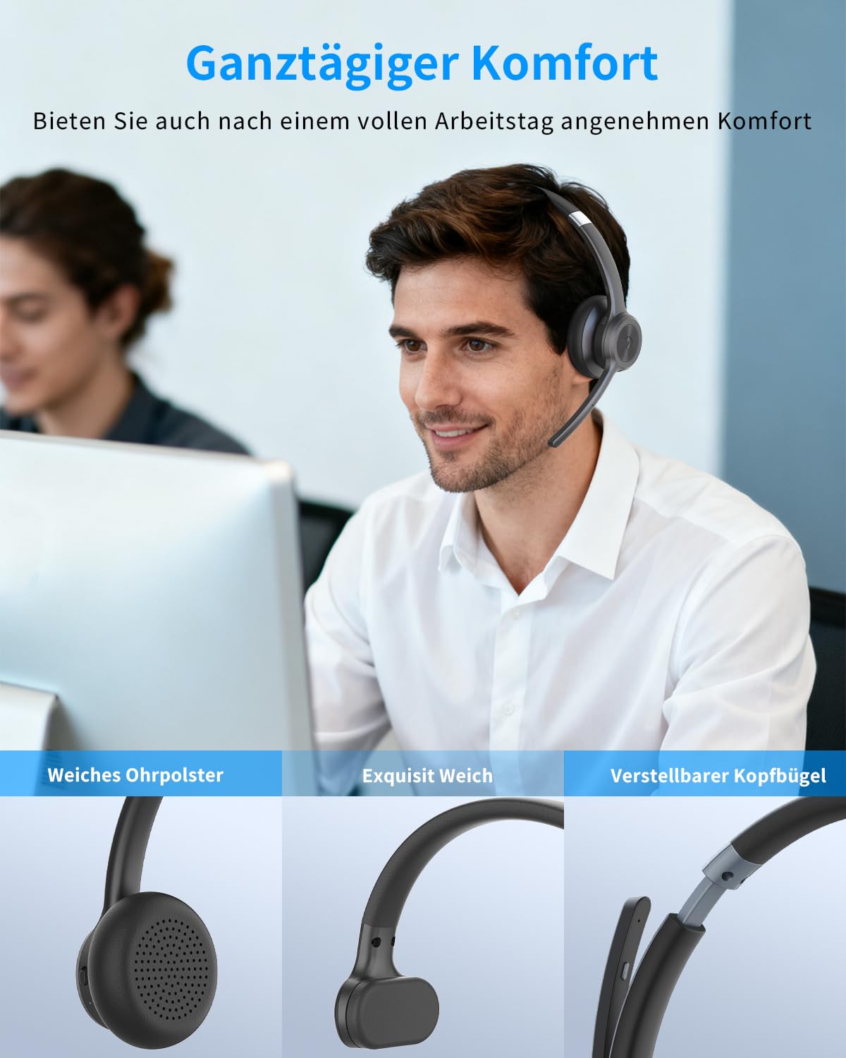 Bluetooth Headset mit Mikrofon Stummschalttaste Dual-Verbindung für PC Büro