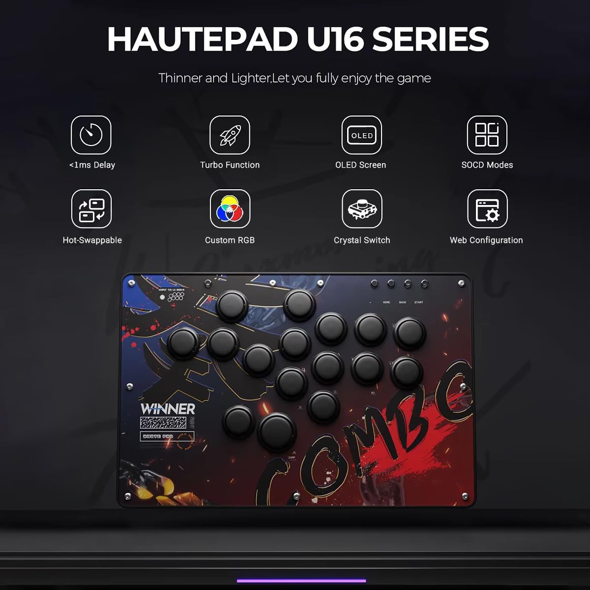 Semaiki Tastiera da gioco U16 All-Button con Custom RGB & Turbo Functions, Arcade Stick Tastiera da gioco per PC/Switch/PS4/PS3, supporta hot-swap e SOCD