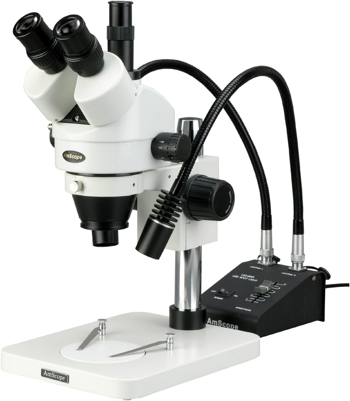 AmScope SM-1TSW2-L6W Professional Trinocular Stereo Zoom Microscope, WH10x and WH25x Eyepieces, 3.5X-225X Magnification, 0.7X-4.5X Zoom Objective, 6W Dual-Gooseneck LED Light, Pillar Stand, 85V-265V, Includes 0.5X and 2.0X Barlow Lenses