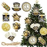 32 Pcs Happy Hanging Ornament Decorations for Christmas Tree Black Gold Hanging Slices Pendants Winter Ornament New Year Eve Countdown Carnival Party Decorations Supplies