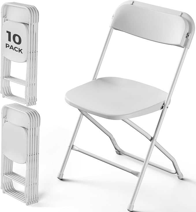 Folding Chairs 10 Pack, White Folding Chairs for Outdoor Indoor, Plastic Folding Chairs with Sturdy Metal Frame, 350 lbs Capacity Portable Foldable Chair for Wedding, Garden, Patio, Events