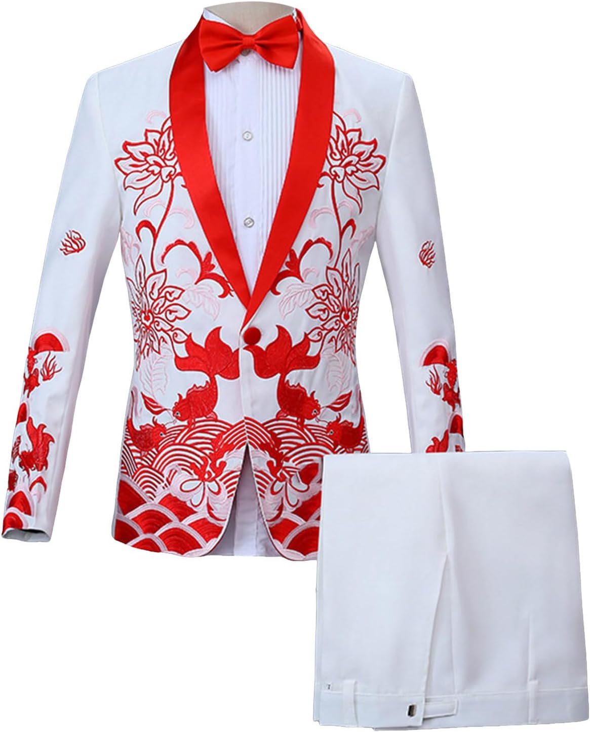ステージ衣装 メンズ スーツ 上下セット セットアップ テーラードジャケットパンツ 花刺しゅう 蝶ネクタイ付き 1つボタン 4点セッ