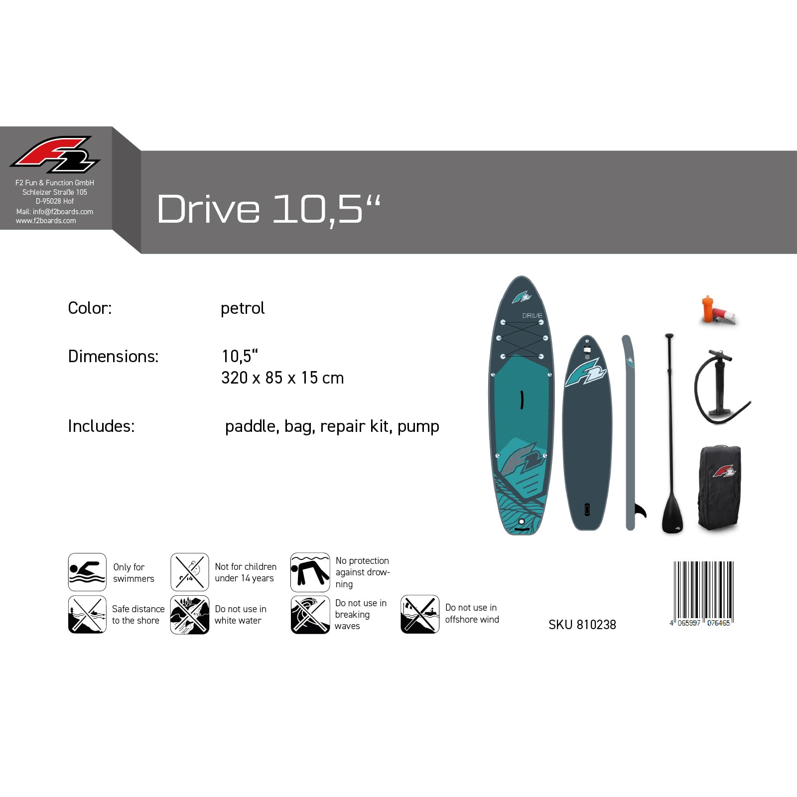 F2 SUP Stand Up Paddle Board Drive Petrol - Größe wählbar
