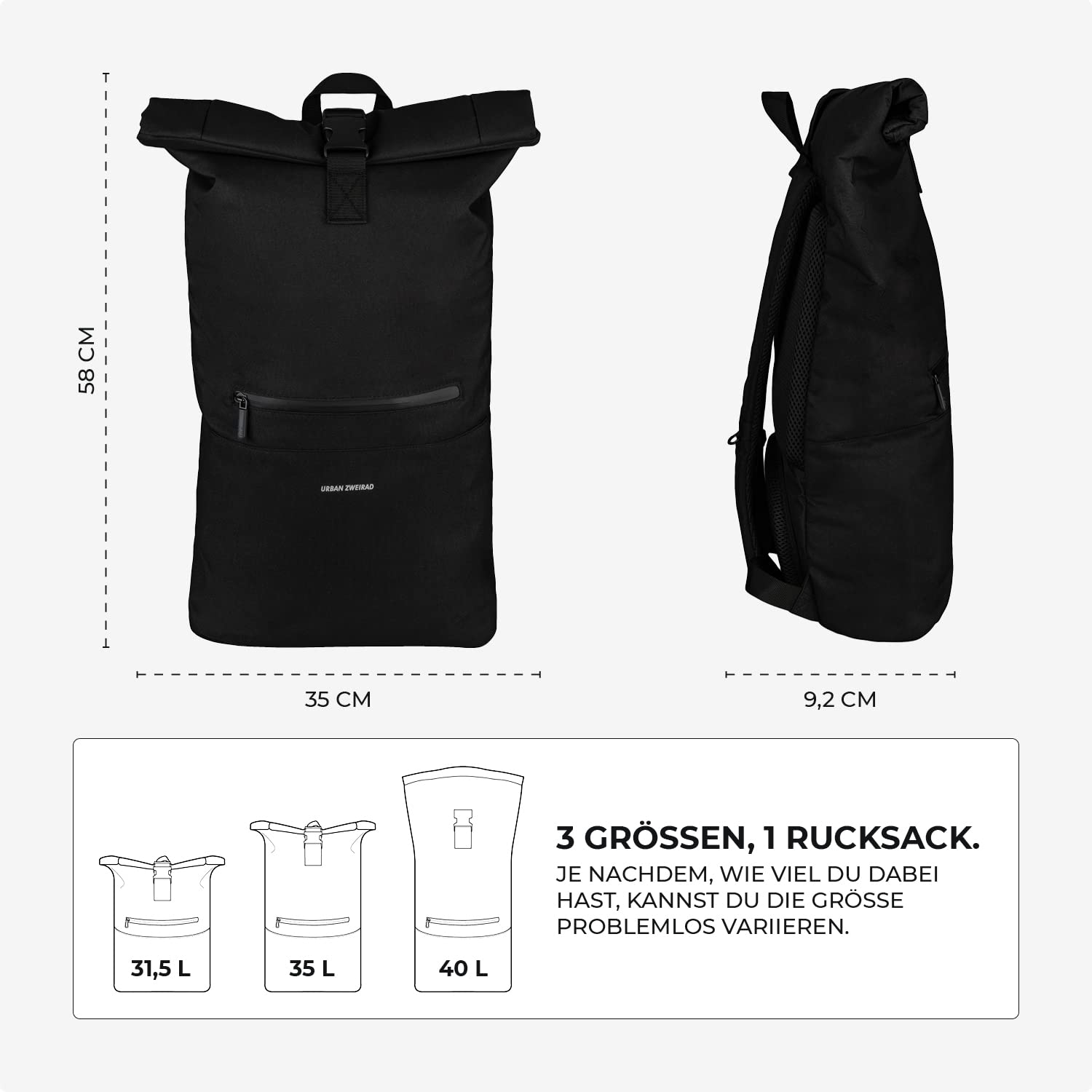 URBAN ZWEIRAD - Rollrucksack - Rolltop Rucksack für Damen & Herren aus PET-Flaschen - Rolltop für Freizeit, Uni & Schule etc. - Wasserabweisender Rolltop Rucksack