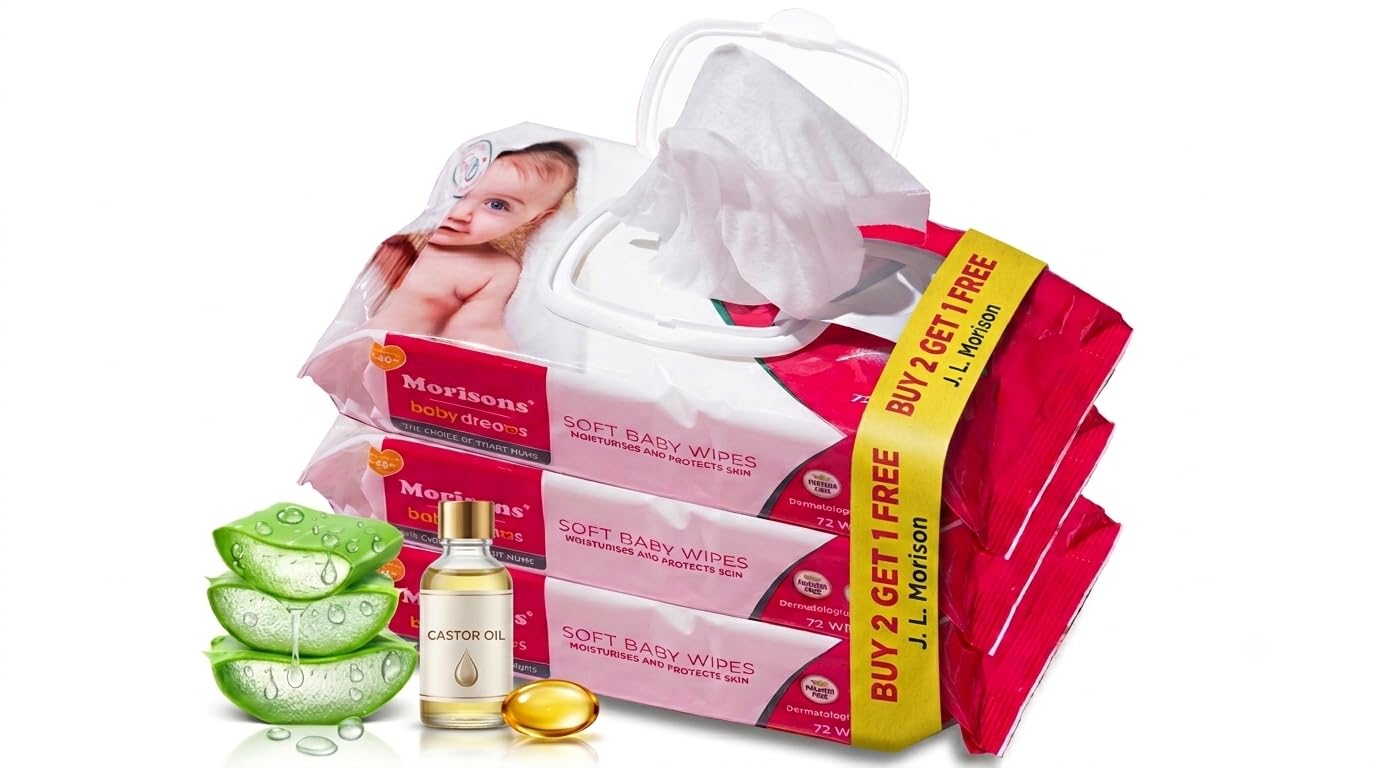Morisons Baby Dreams Soft Baby Wipes With Lid - 72s Pack of 3| Dermatologically tested for baby's gentle skin | Goodness of Aloe Extract & Vitamin E | pH 5.5 | 97.5% Water Wipes | Mositurises & Protects Skin |Alcohol & Paraben Free | 216 Wipes-image-13