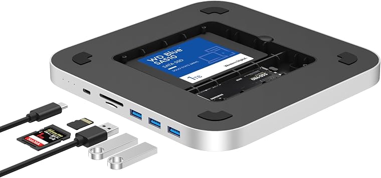 Qwiizlab Mac mini Hub with Dual Drive Enclosure, Docking Station for Mac mini M2/M1, Mac Studio M4/M/3/M2/M1, Type-C 10Gbps, Card Readers 104MB/s, Fits M.2 SATA NVMe SSD, 2.5 HDD SSD Silver