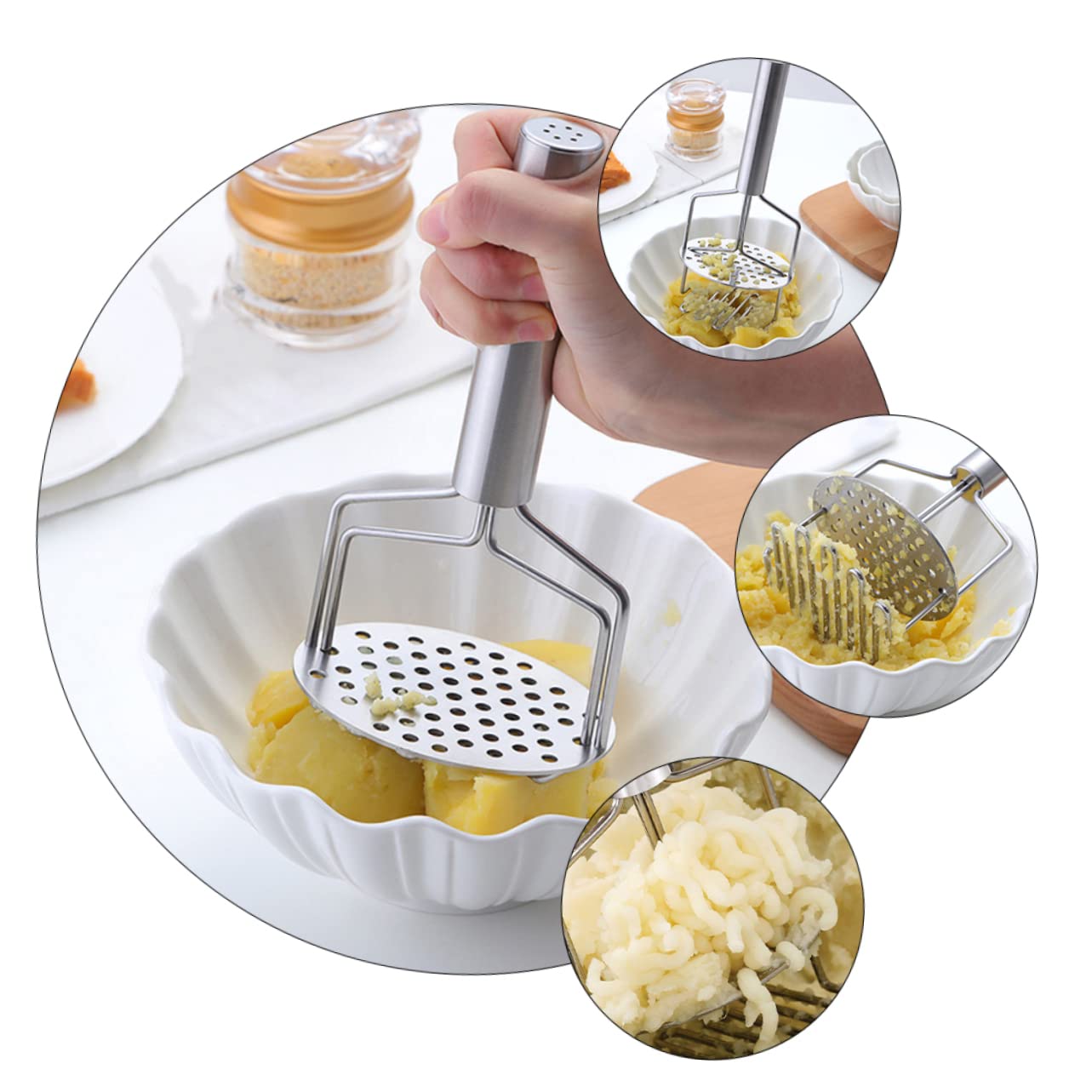 Cabilock 2Pcs Shape Kitchen Masher Potato Mashing Tool for Fruits Vegetables Dual Layer Food Smasher for Pumpkin Carrots and Yams