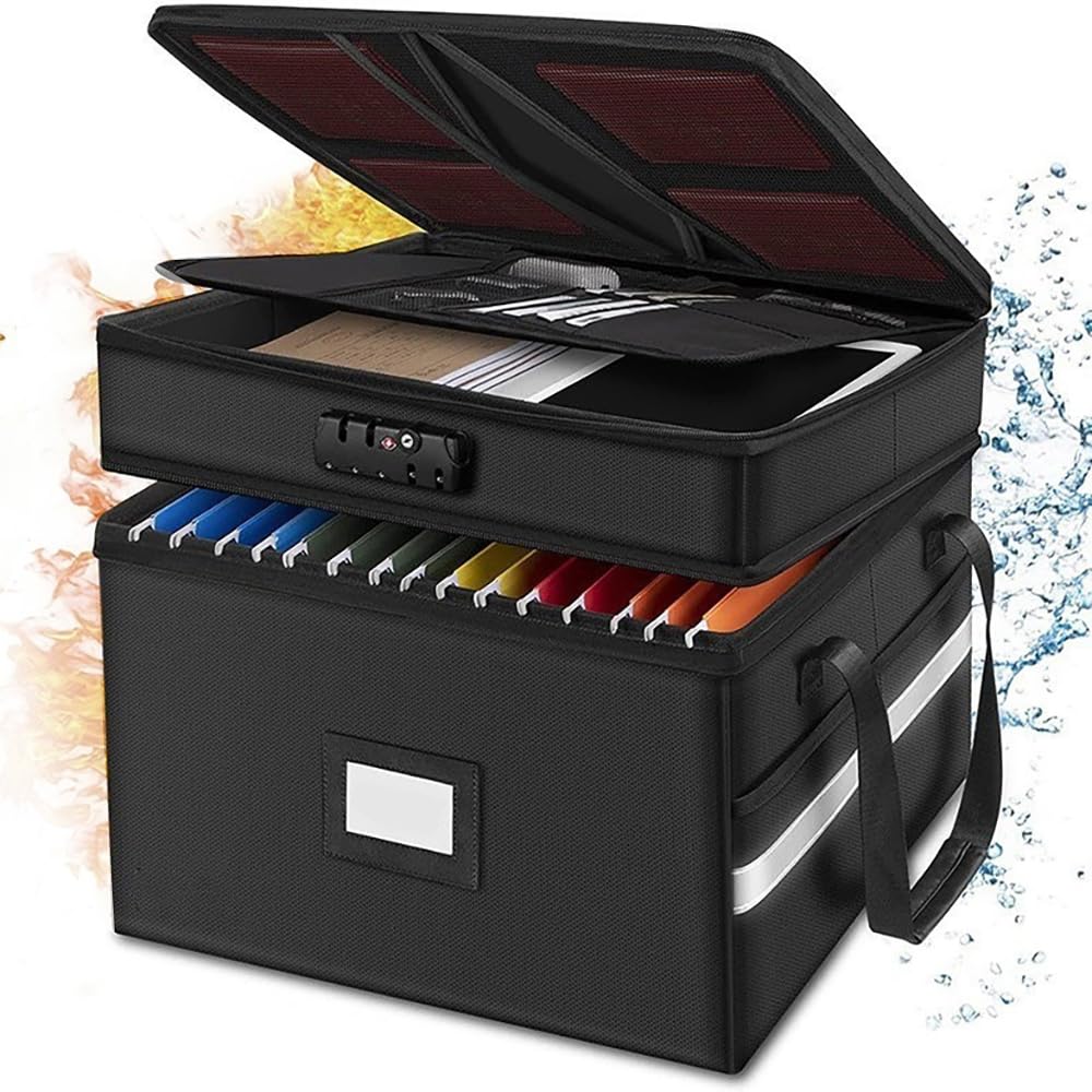 RATSTONE Rectangular, Double-Layered Fabric Box with Zippered Lid, Fireproof & Waterproof, 7 Compartments, Lockable, Large Storage Box for Documents, Certificates, Invoices