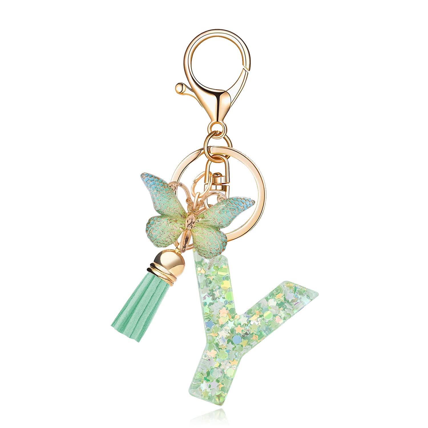 Fashion Alphabet Initial Letter Keychain Green Tassel Butterfly Pendant Key Ring for Purse Handbags Women Girl