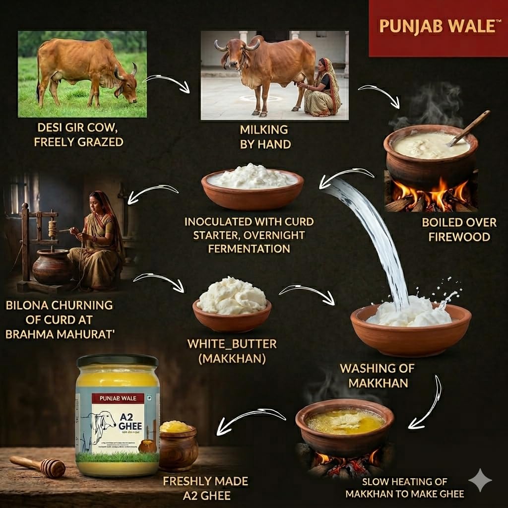 PUNJAB WALE Ghee A2 | Vaca Desi Gir | Método Védico Bilona | Cultivado | Triturado a mano | Hecho en pequeños lotes | Probado en laboratorio | Tarro de vidrio | Alimentado con pasto | Ghee premium y