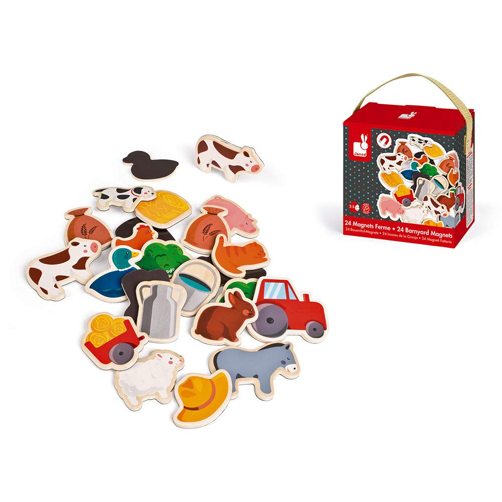 Janod - 24 Farm Magnets - Farm Animals - Wooden Toy - Magnetic Educational Game, to Handle, Experience and Have Fun - From 2 Years Old, J08157