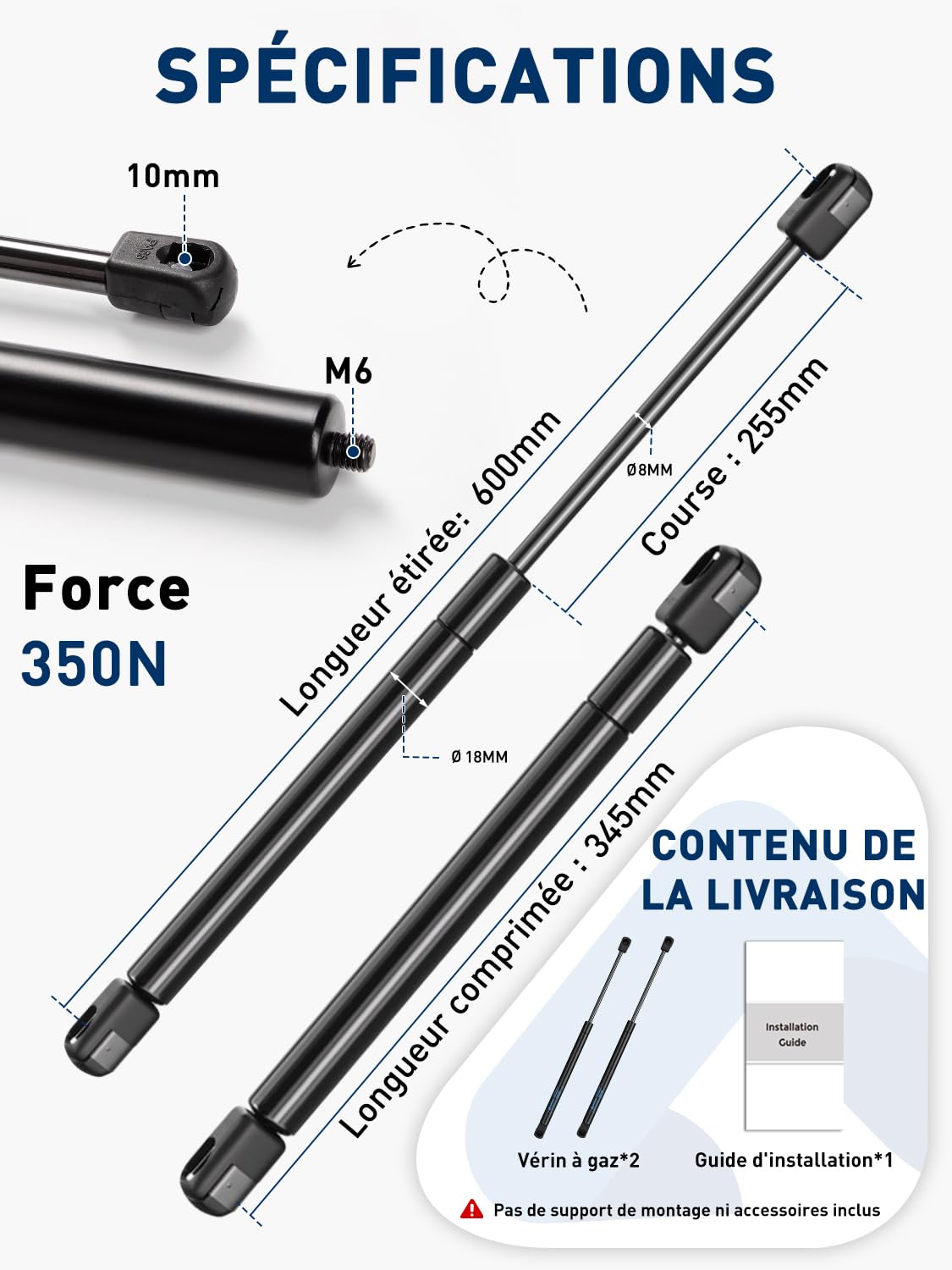 ARANA verin a gaz 600 mm 350 N avec support hydraulique 36 kg pour Portes Verin Hydraulique de Hayon Camping-Car, Couvercles Boîte Jouets et Applications DIY Verin de Hayon, 2 Pièces
