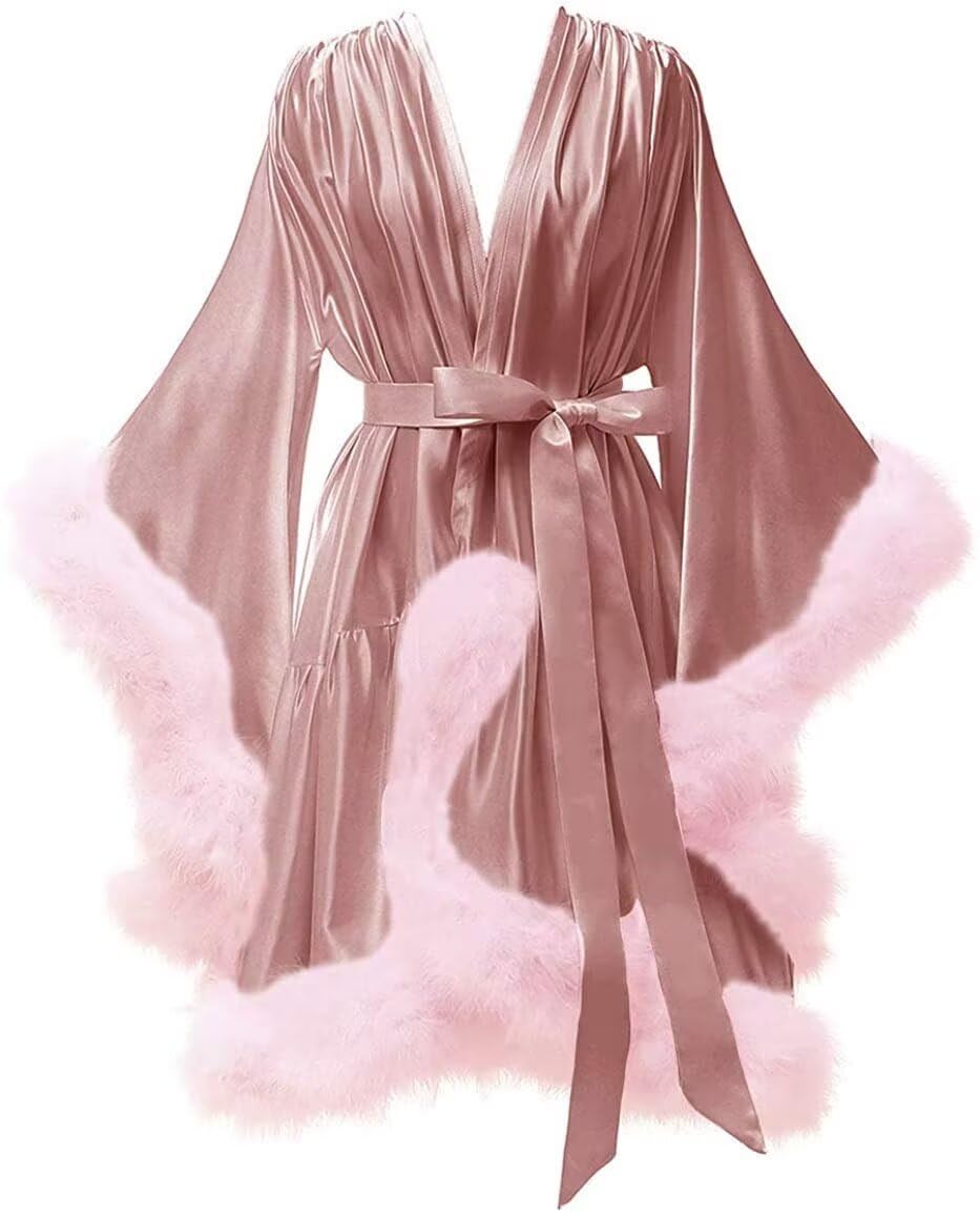 Changuan Women's Feather Robe Silk Satin Fur Bridal Robe Short Dressing Gown Lingerie Nightgown Bathrobe Sleepwear