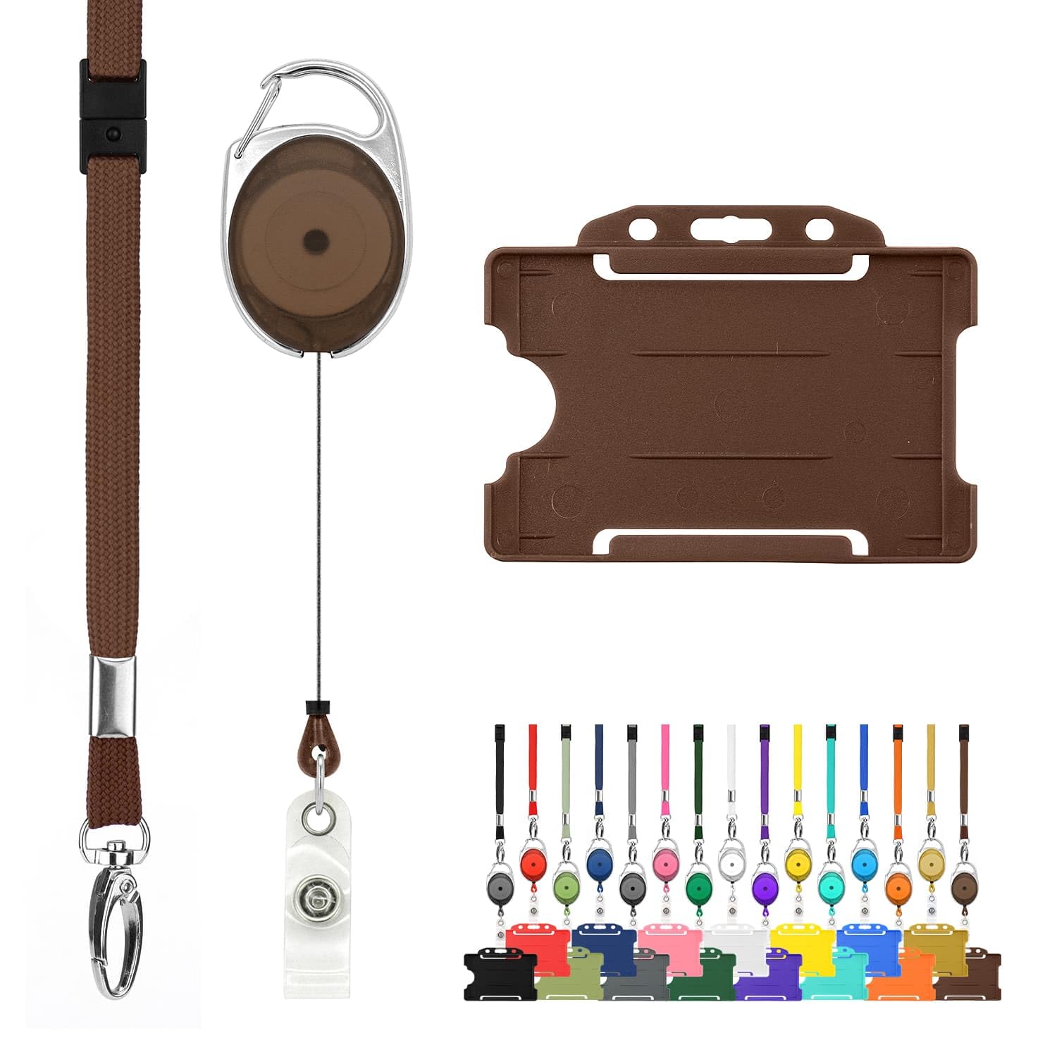 Retractable Lanyard and Badge Holder Trio Triple Pack by LanyardsTomorrow - Set Includes A Single Plain Lanyard, Extendable Carabiner Yoyo Reel Clip and Rigid ID Card Holder (Brown)