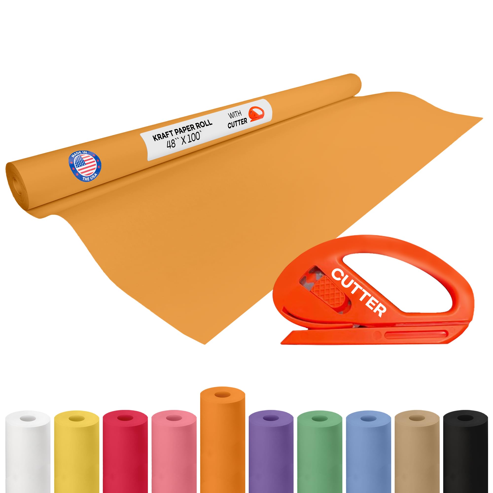 Orange Kraft Paper Roll 48" x 1200" (100 feet) with Cutter - USA-Made Gift Wrapping Paper for Packing, Moving, Shipping &amp; Crafts/Arts - 100% Recyclable Natural Craft Material by IDL Packaging
