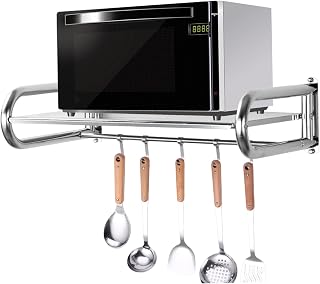SMELEYOU Microwave Stand for 31 Kg Loading 45x36.5cm Microwave Brackets Wall Mounted Stainless Steel Kitchen Shelf with Hooks Microwave Rack Washable Kitchen Microwave Holder