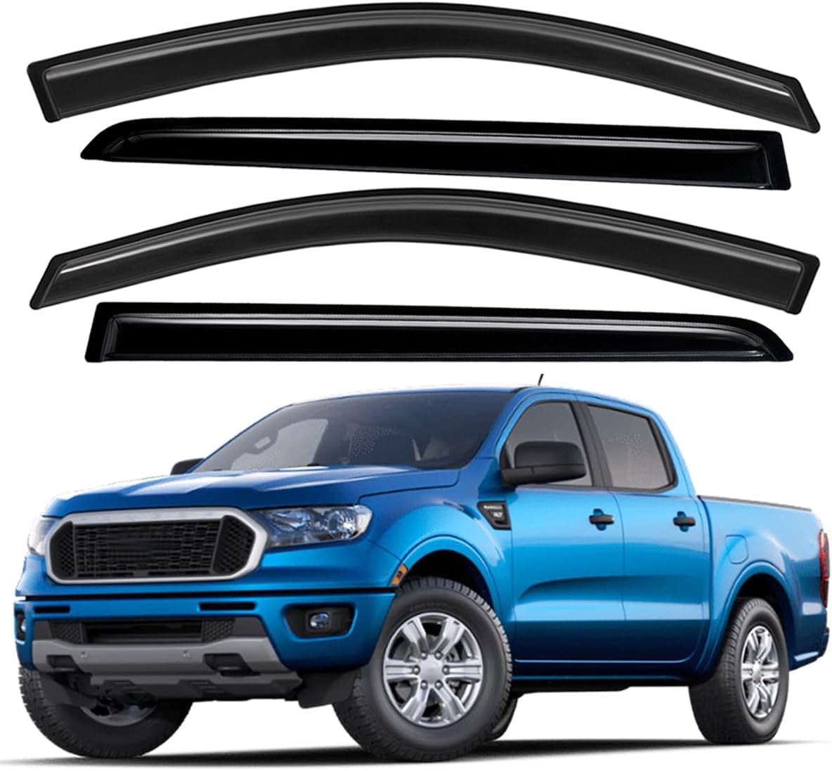 Lightronic Extra Durable Outside-Mount Auto Vent Window Visor, Fits 2019-2025 Ford Ranger SuperCrew, UV Protection Rain Guard, Original Wind Deflector, No-Drill Easy Install, Dark Smoke, 4-Pcs