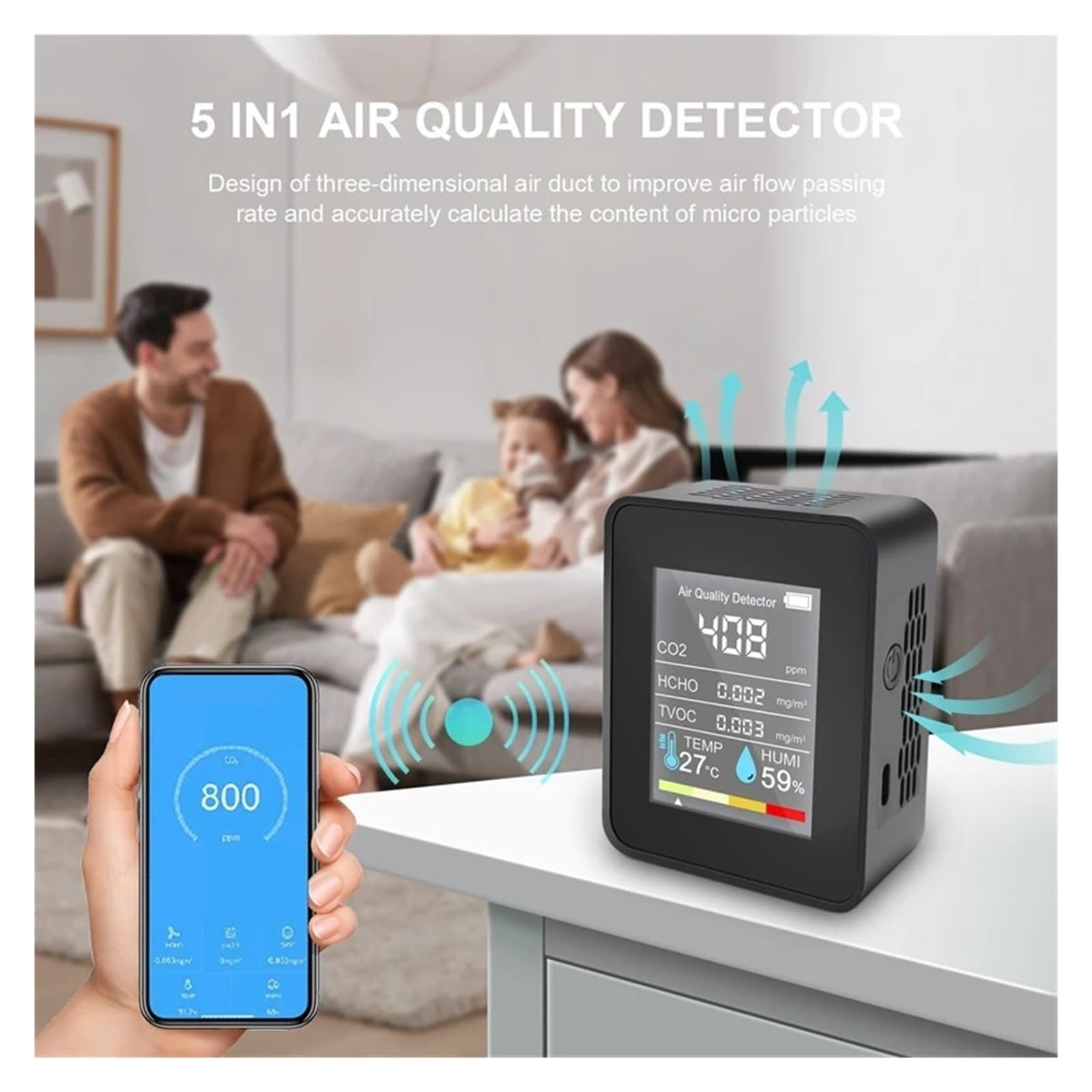 Misuratore Di CO2 5 In1 Tester Digitale Umidità Della Temperatura Rilevatore Anidride Carbonica Monitor Qualità Aria Analizzatore TVOC HCHO Rilevamento Rapido Preciso