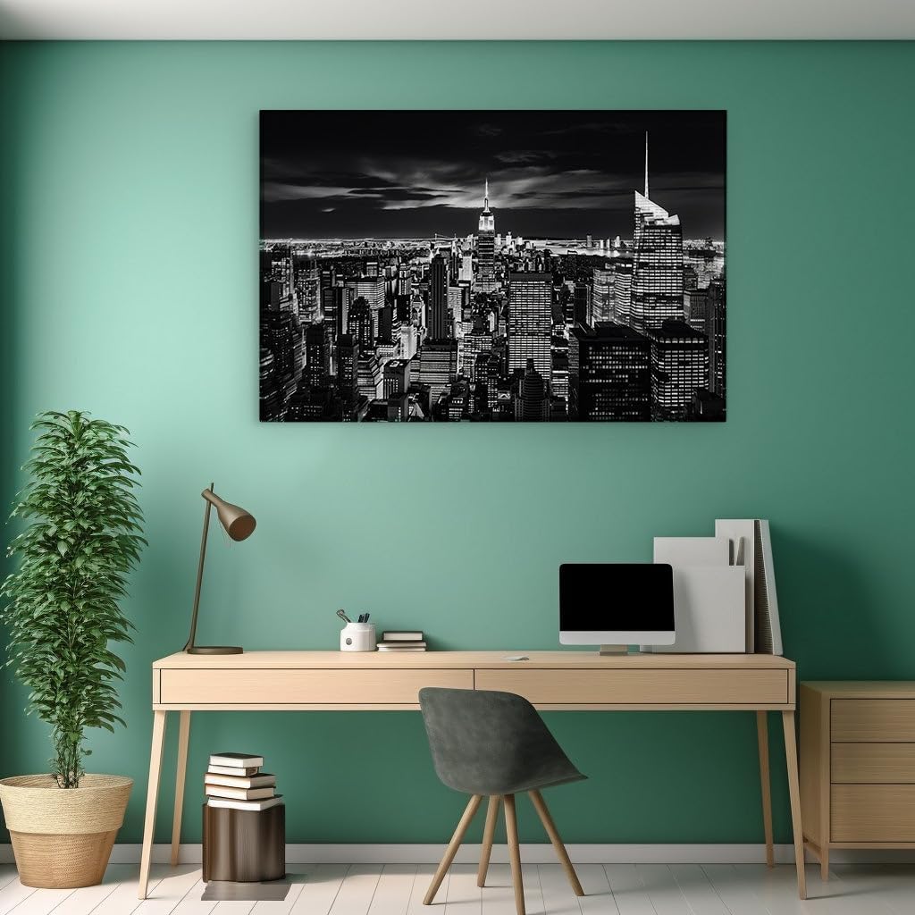 Canvas for Living room. Illuminating Skyscrapers: New York City's Nightscape Majesty, 27 x 18 inch Canvas Wall Art - Ready to Hang