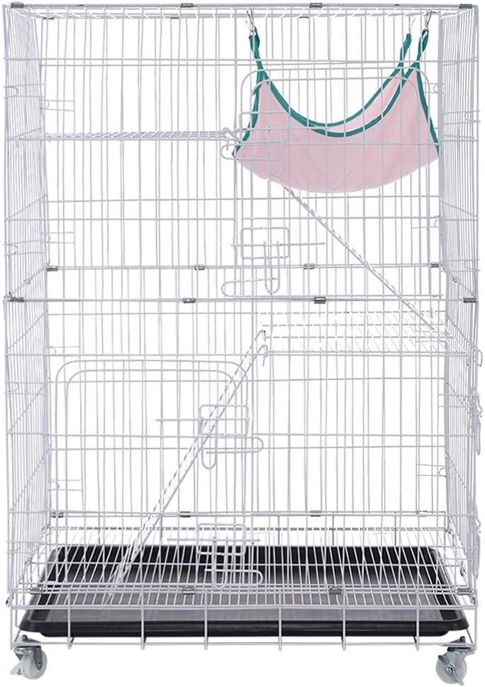 Folding Pet Cat Cage, Home Portable 3-Tier Pet Cage Playpen with Hammock for Kitten Cat Ferret (White)