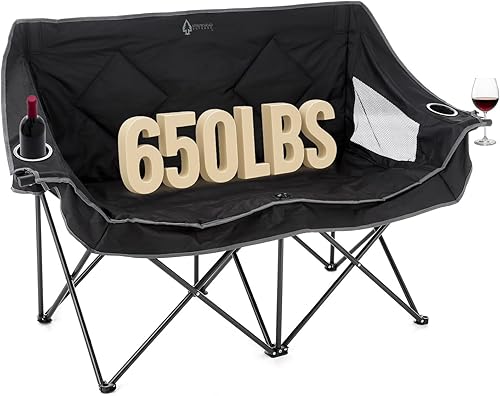 ARROWHEAD OUTDOOR Silla de camping plegable portátil doble Duo con 2 tazas y soporte para copas de vino, bolsa de transporte, soporta hasta 500