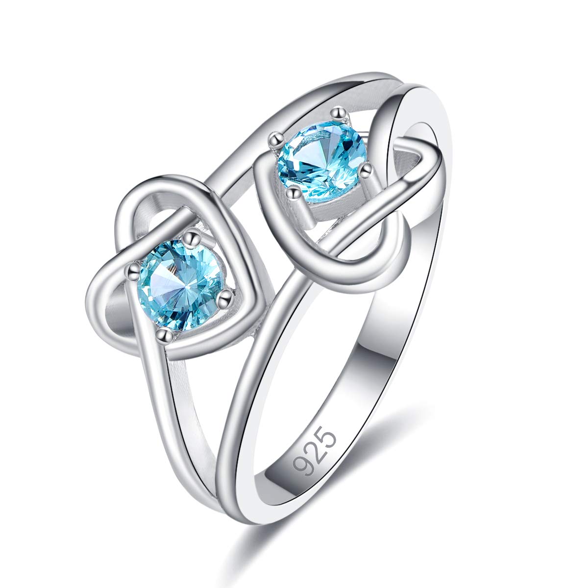 Emsione 925 Sterling Silver Plated Created Blue Topaz Round Brilliant CZ Cut 2 Heart Knot Anniversary Wedding Engagement Ring Band Size 8 Color Light Blue