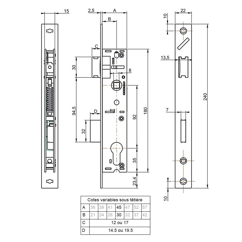 Metalux série 780NF - Serrures à encastrer Pêne Réversible Entraxe 92mm Pour porte de faible épaisseur interieur ou exterieur Certifié NF (Coffre 45x180 mm)