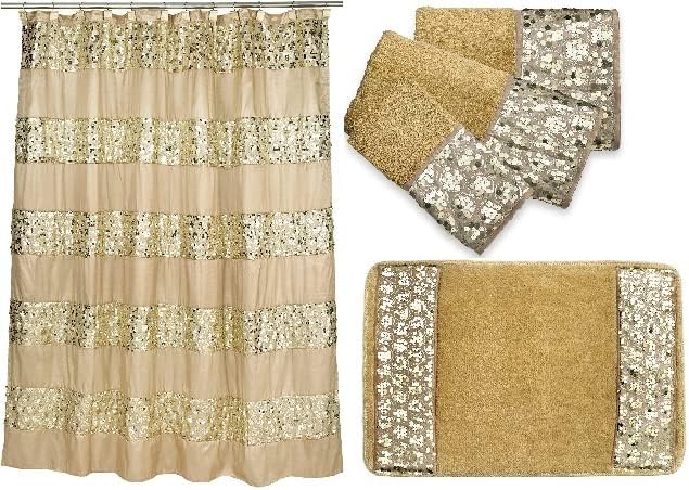 Bundle: 5 Items: Sinatra Shower Curtain, Bath Towel, Hand Towel, Fingertip Towel and Bath Rug with Sequins (Champagne Gold)