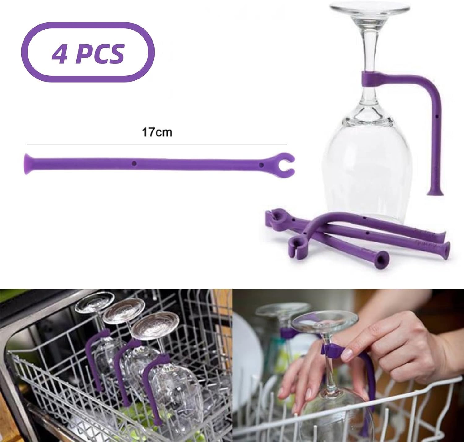 Silicone Stemware Saver, 4 Pack, Adjustable Wine Glass Dishwasher Protector, Purple, Flexible Goblet Holder for Home Bar
