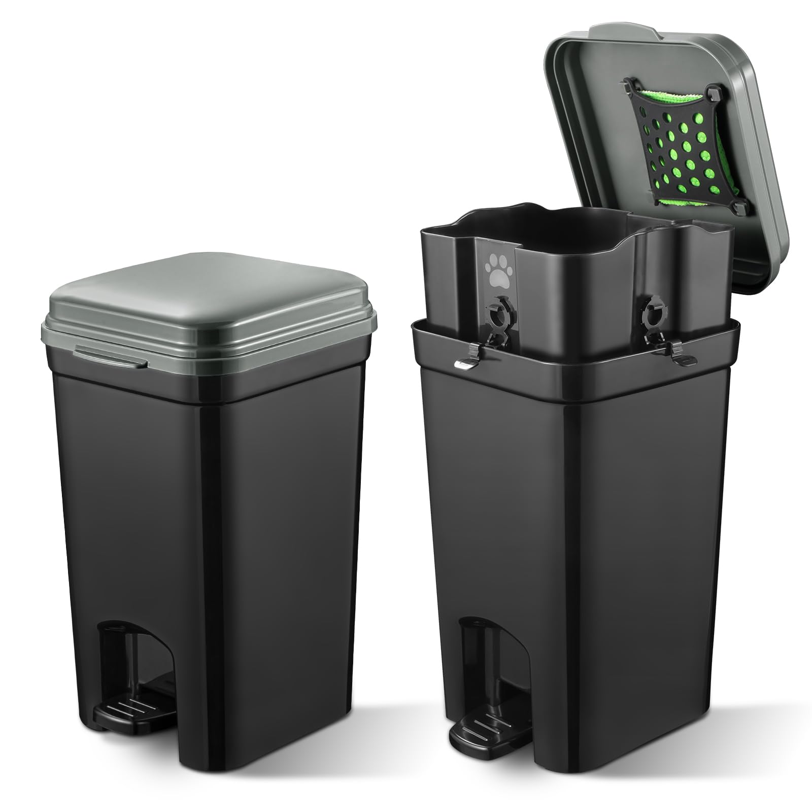 Mounting UP Pet Litter Trash Can For Outdoor & Indoor Dog Cat Waste Station With Lid Hands-free Pedal 1.32 Gallon Inner Bin Home Kitchen With 20PCS Trash Bags & Activated Carbon Bag ABS-5L-GB