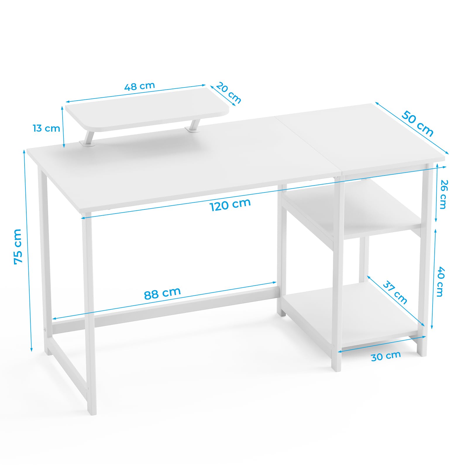 GreenForest Scrivania da Ufficio e Gaming con Supporto per Monitor, Tavolo per computer da Casa da 120 cm con Scaffle Reversibili, Scrivania da Studio per Piccoli Spazi, Bianca Puro