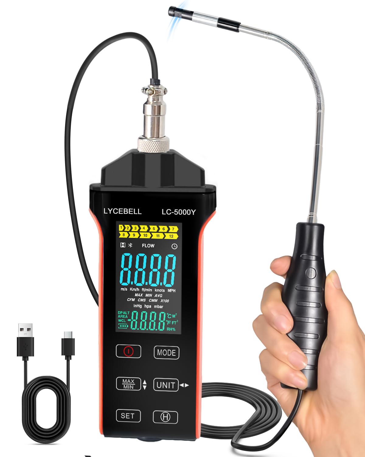 5000Y Hitzdraht-Anemometer Professionelles Windmesser Windmessgerät zur Messung von Luftgeschwindigkeit, Lufttemperatur und Volumenstrom (CFM/CMM) mit Thermischem Sensor für HVAC Industrie